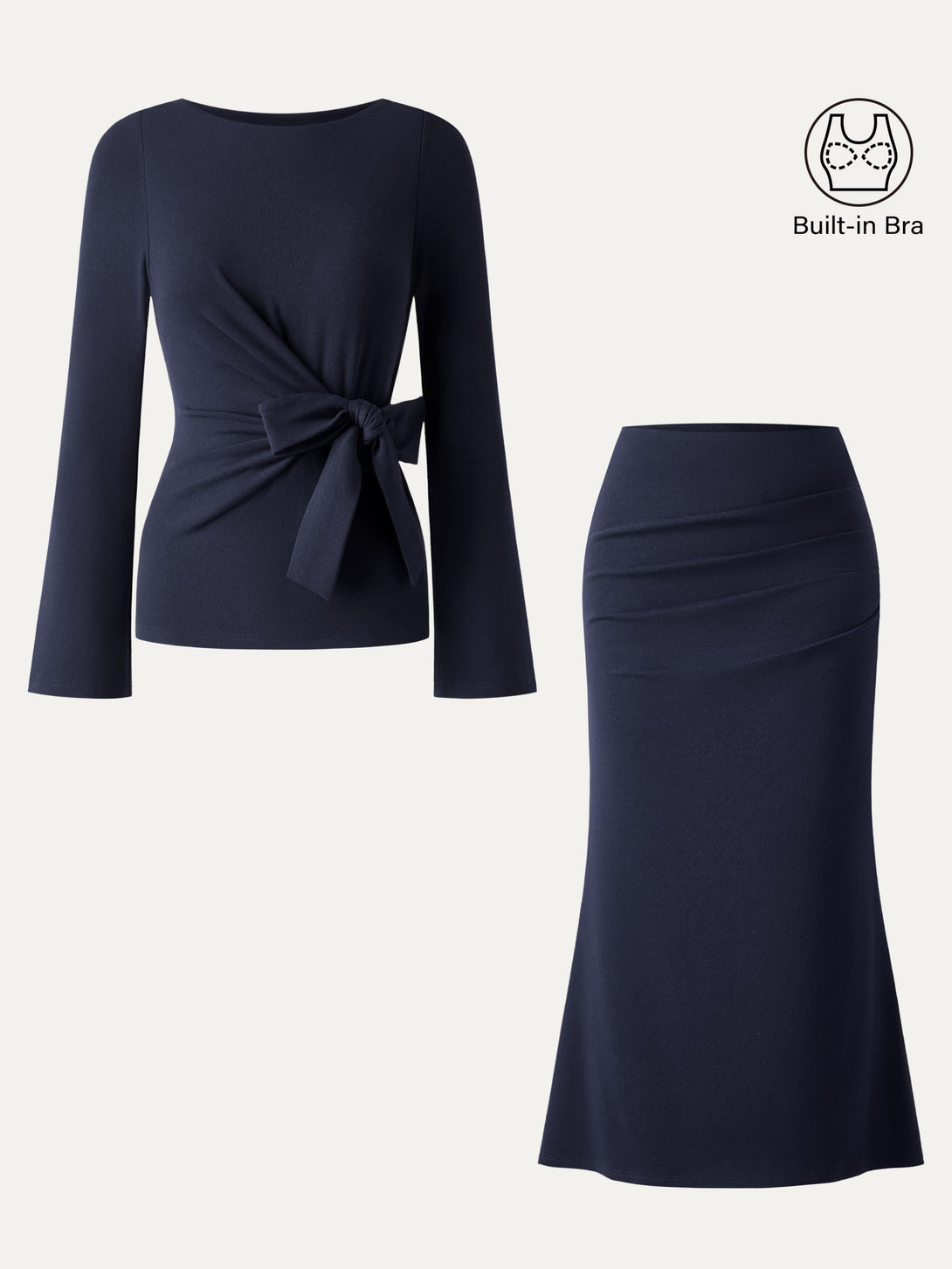 2Pcs Set Bow-Tie Belted Bell Sleeve Brami & Stretchy Tucked Flare Maxi Skirt Midnight Navy XS
