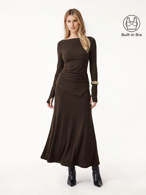 2Pcs Set Asymmetrical Built-In Bra Top 2.0 & Mid-Rise Ruched Flared Midi Skirt