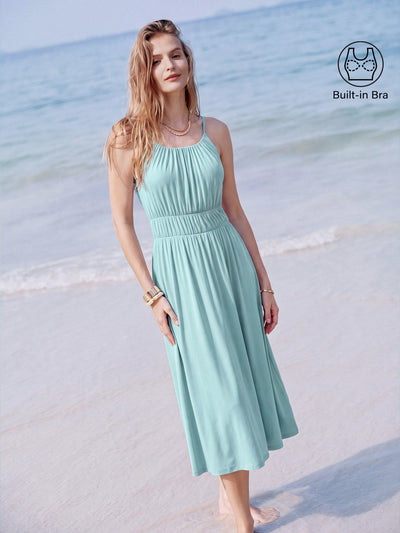 OGLmove Gathered U-Neck Spaghetti Midi Bra Dress with Pockets Sea Corn XS
