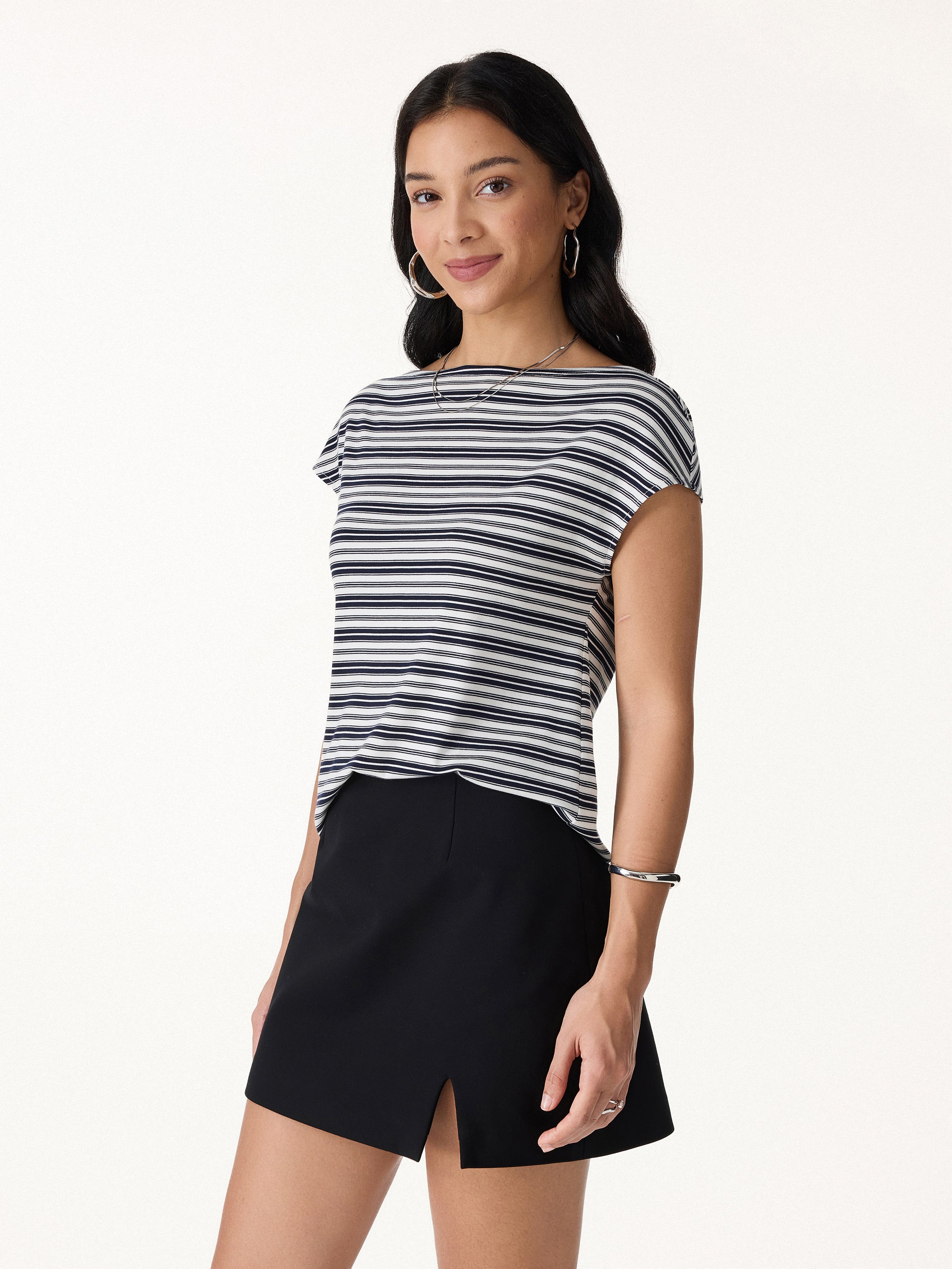 Striped Slash Neck Cap Sleeve Relaxed Top