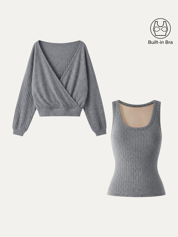 OGLmove 2Pcs Set MaxWarm U-Neck Built-In Bra Top & Crossover Banded Hem Top