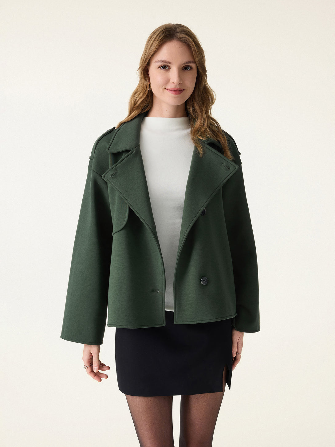 2Pcs Set Convertible Collar Buttoned Coat & Tummy-Control The Comfort Pant