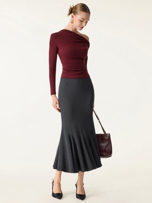 Brushed Inside Mermaid Flare Pull-On Midi Skirt