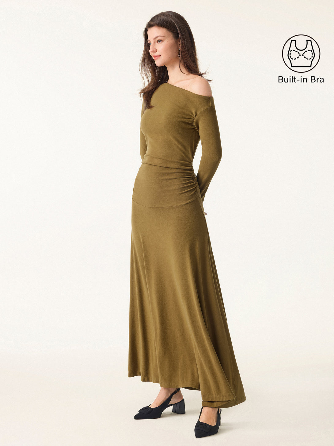 Asymmetrical Shoulder Side Ruched Ankled Maxi Dress