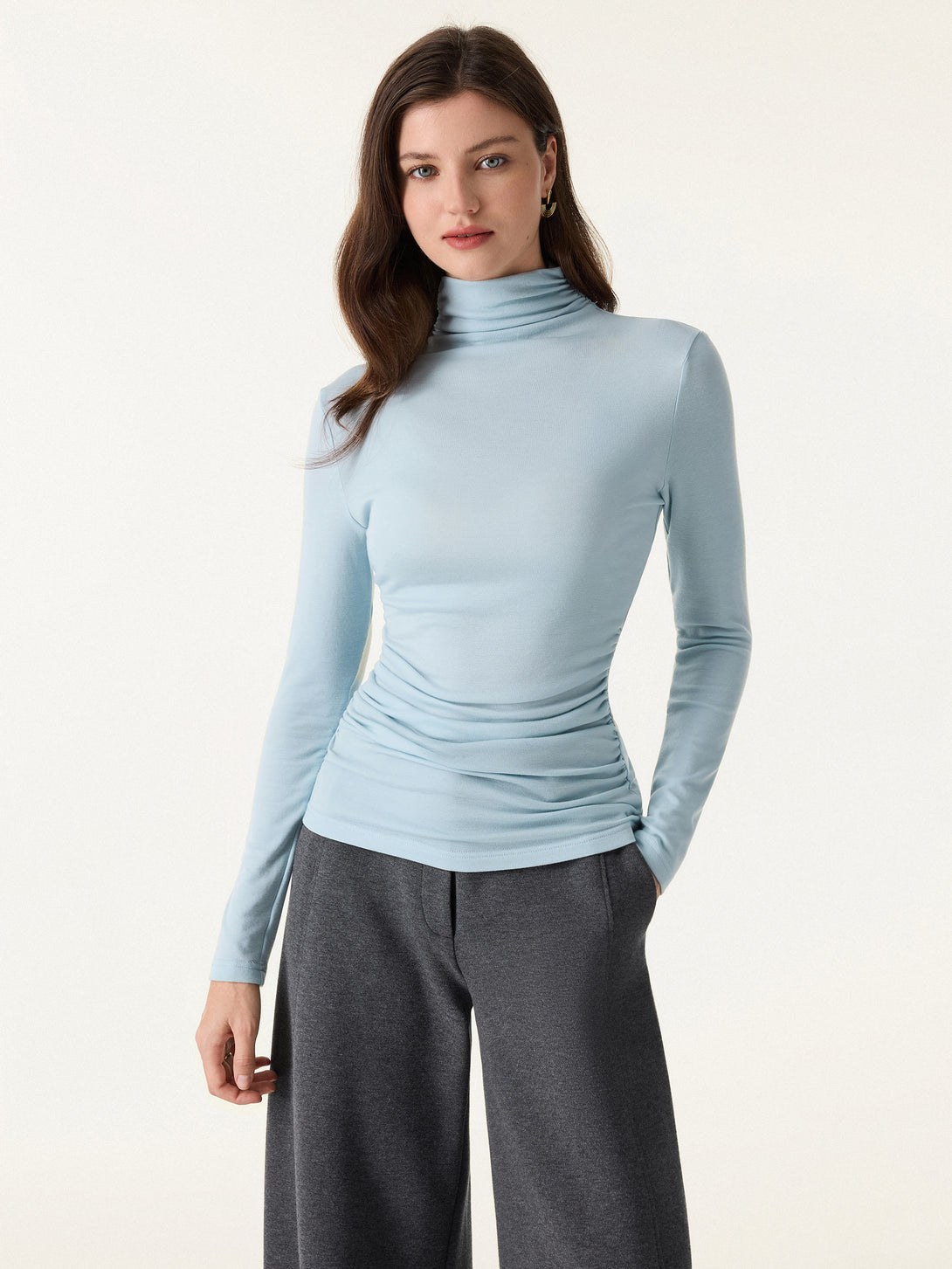 Lyocell Cashmere Turtleneck Side Ruched Top Salt Blue XS