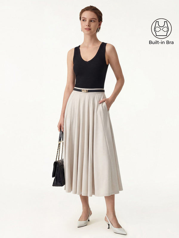 OGLmove 2Pcs Set V-neck Bra Tank & Volume Skirt with Pockets Black/Fog Beige XS