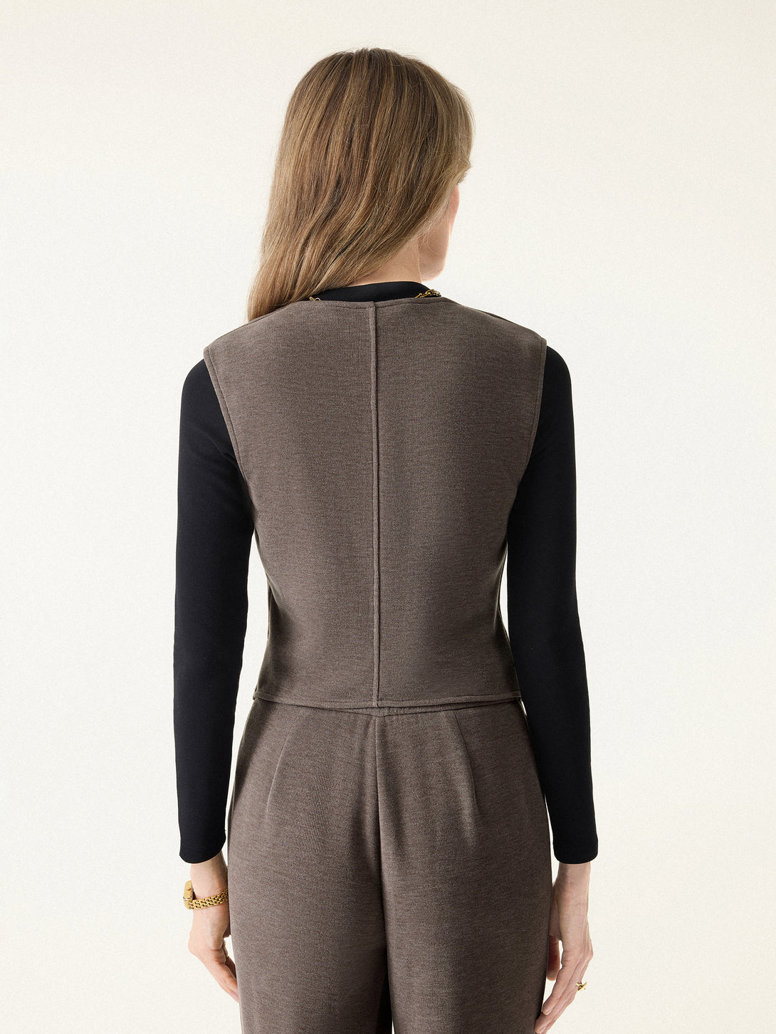 2Pcs Set Brushed Warm V-neck Vest & Regular High Rise Pintuck Straight Pull-on Pants