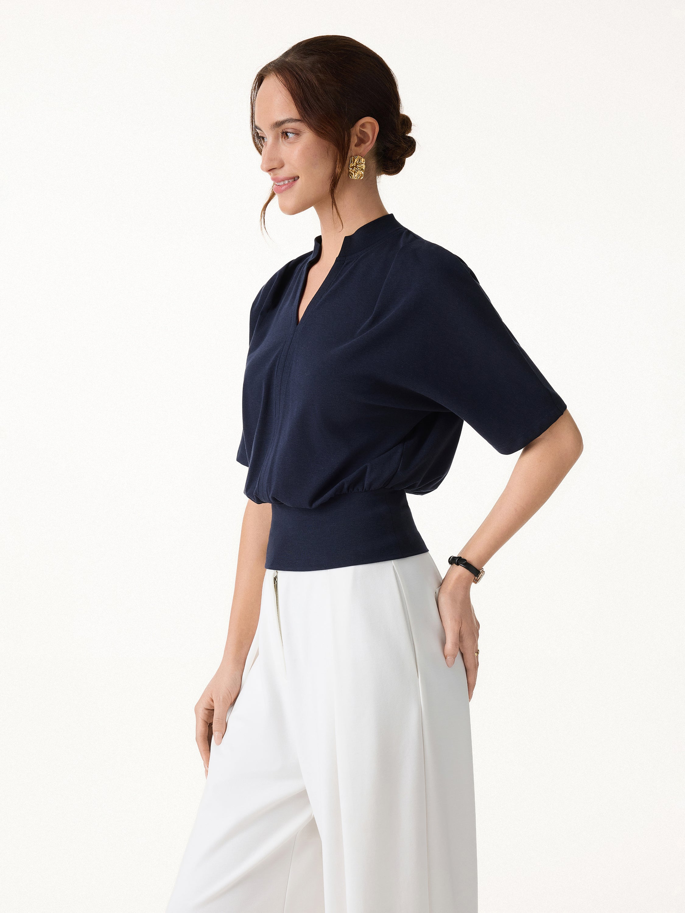 Stand Collar V Neck Short Sleeve Top