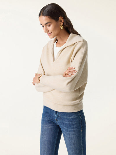 Cozy Collared V-Neck Batwing Sleeve Pullover Heather Tan XS