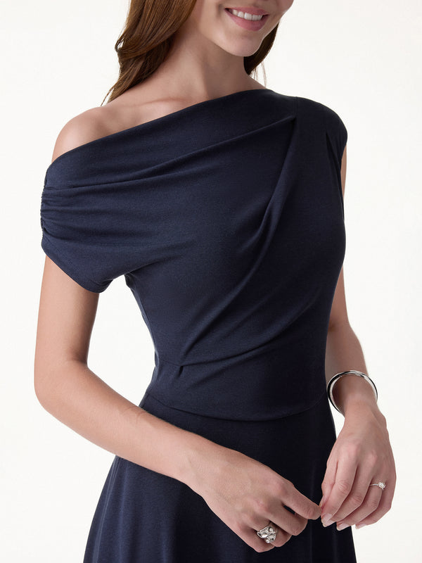 OGLmove Asymmetrical Shoulder Tucked Midi Bra Dress with Pockets