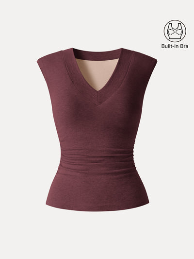 OGLmove Sweat-Wicking V-Neck Wide Shoulder Ruched Bra Top Ruby Berry XS