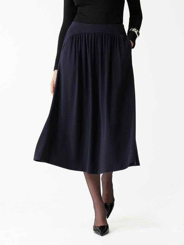 OGLmove LiteWarm High-Rise Gathered A-Line Midi Skirt with Pockets Black Navy XXS