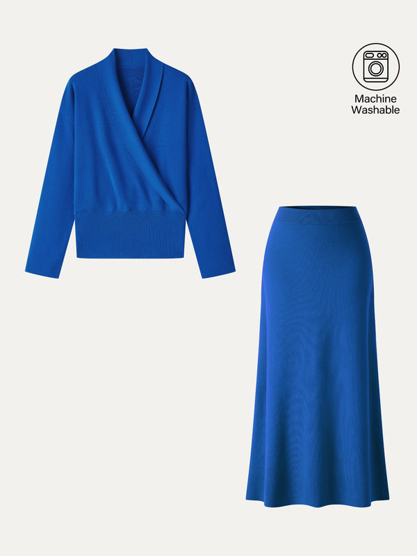 OGLmove 2Pcs Set Merino Wool Blend Cross Shawl Collar Sweater & Drapey High-Rise A-Line Midi Skirt