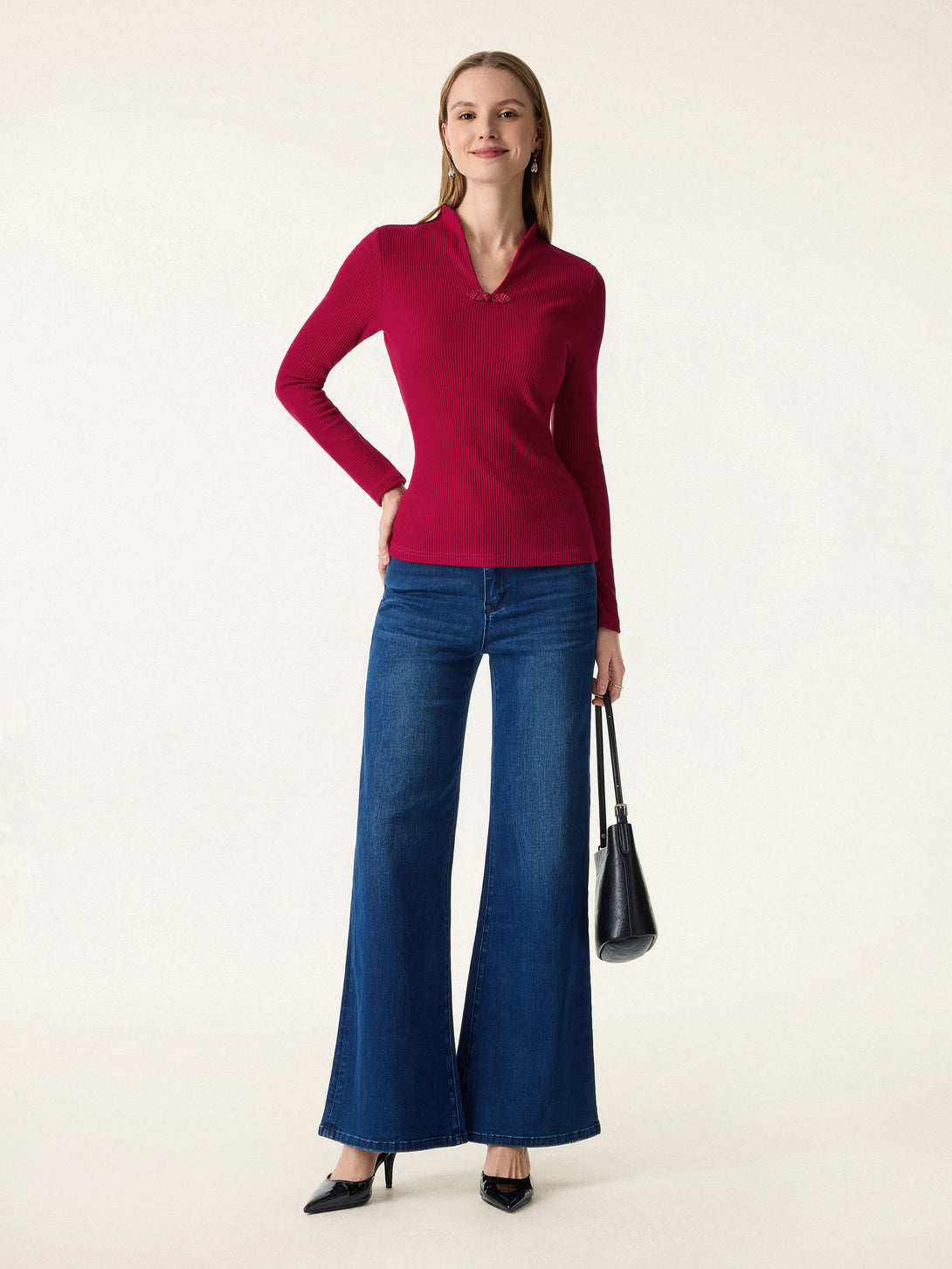 Ribbed Stand V-neck Frog Button Long Sleeve Brami