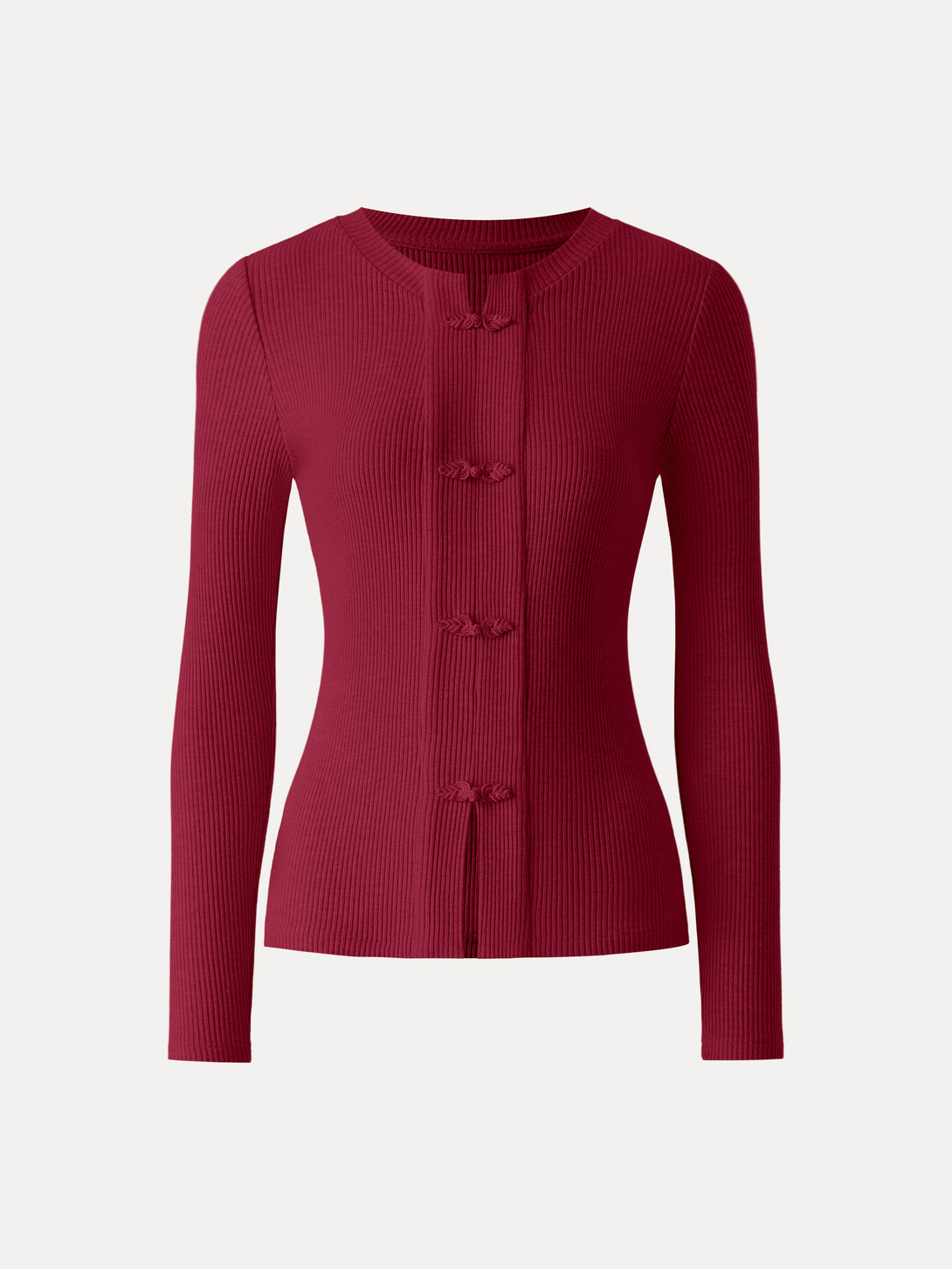 Ribbed Frog Button Round Neck Long Sleeve Top Burgundy XS