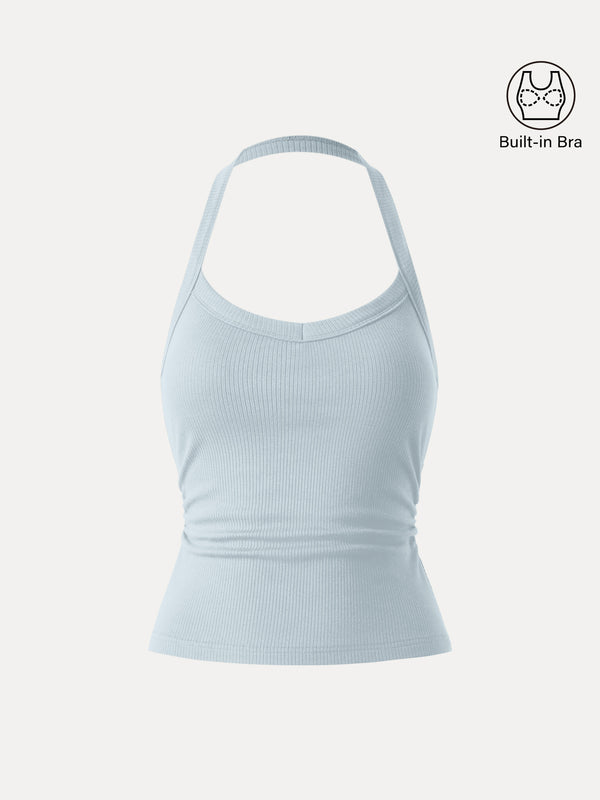 Halter Neck Side Ruched Ribbed Brami Tank