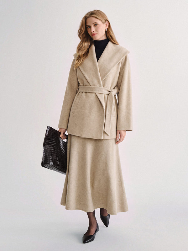 OGLmove 2Pcs Set Shawl Collar Belted Jacket & Mid-Rise Circle Midi Skirt Heather Morganite XXS