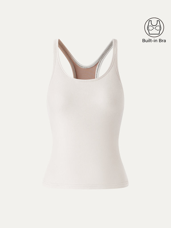 OGLmove Cool-Touch Ribbed Scoop Neck Racer Back Bra Tank Jet Stream Beige XS