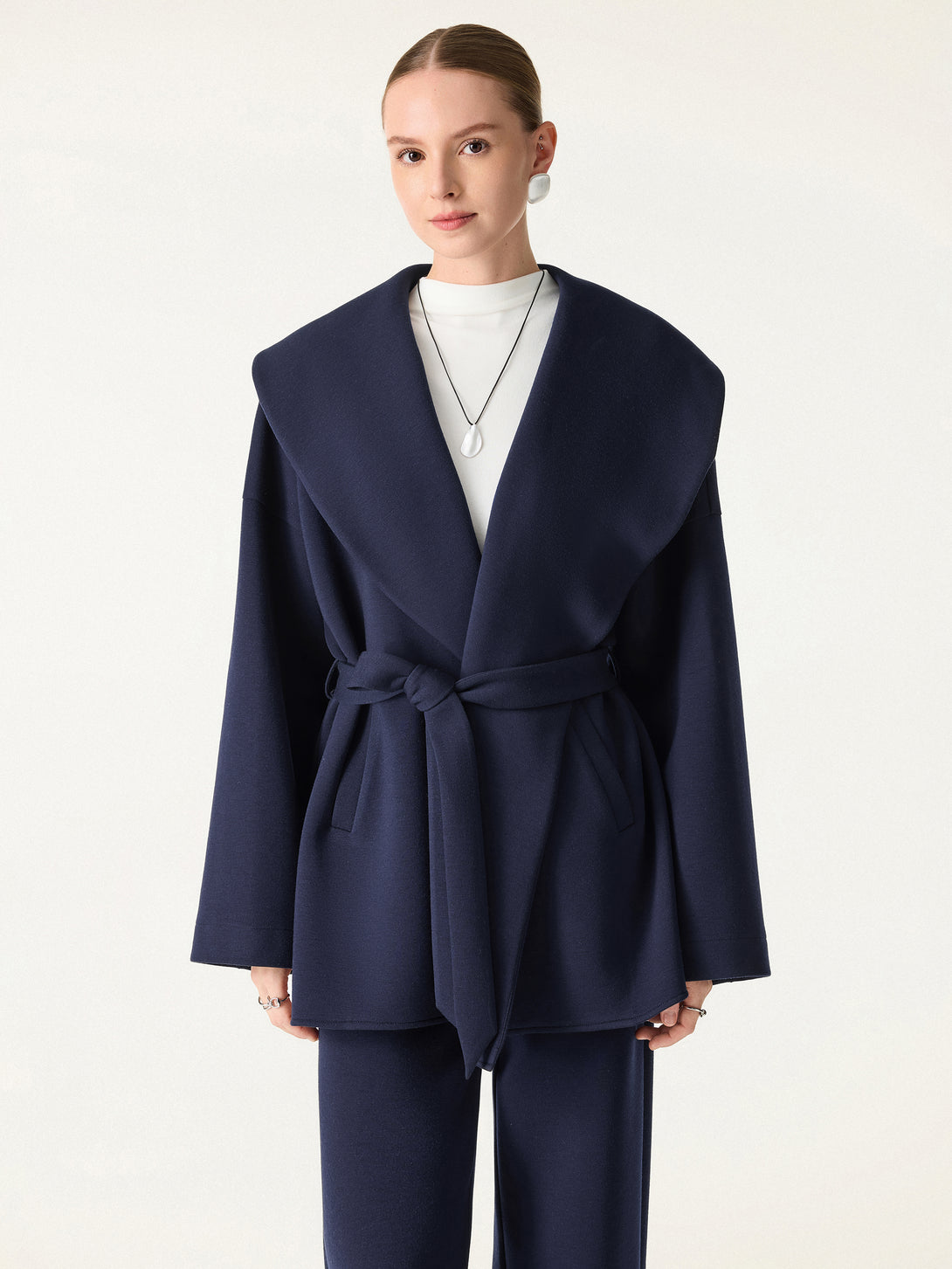 Belted Shawl Collar Robe Jacket with Pockets Universe Navy XS