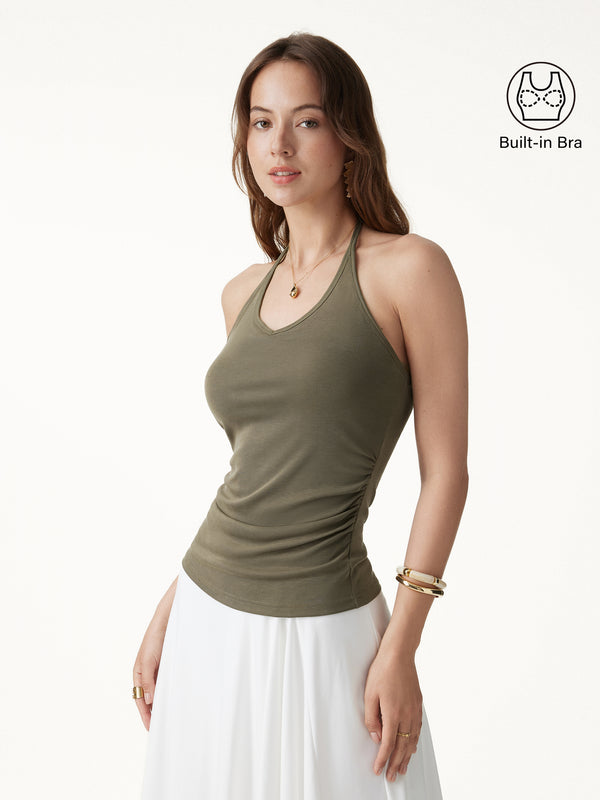 OGLmove Modal Halter Neck Open Back Ruched Bra Top Olive XS