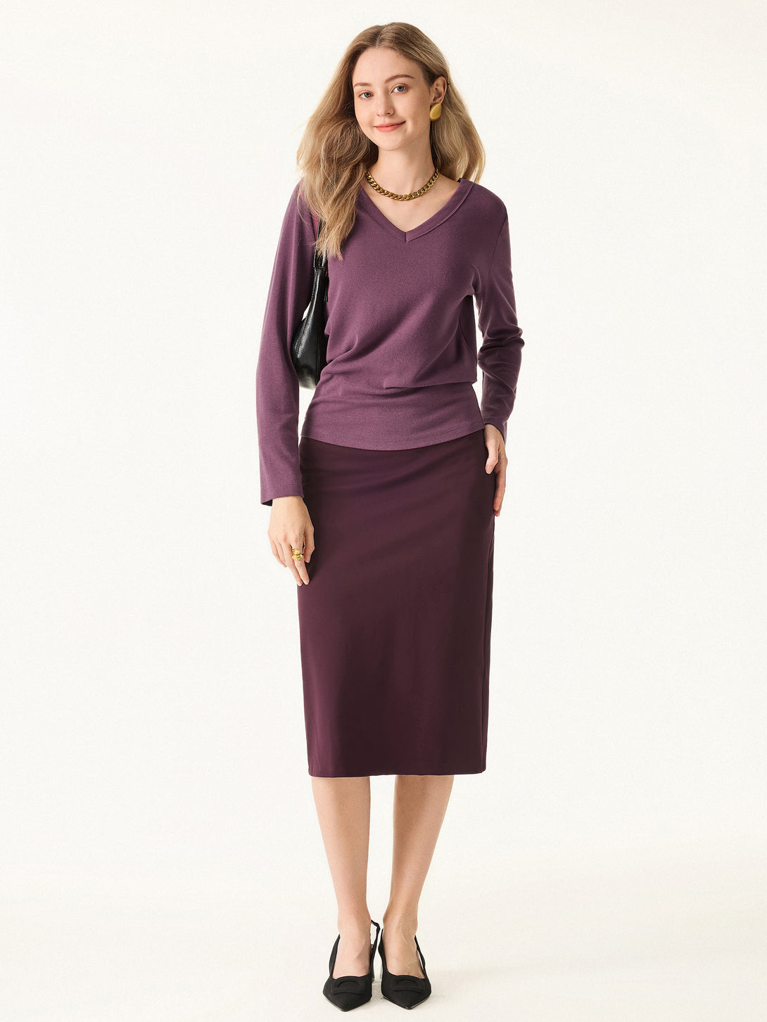 2Pcs Set V-neck Long Sleeve Top & A-line Midi Skirt with Zippered Pockets Rose Plum/Sangria XS