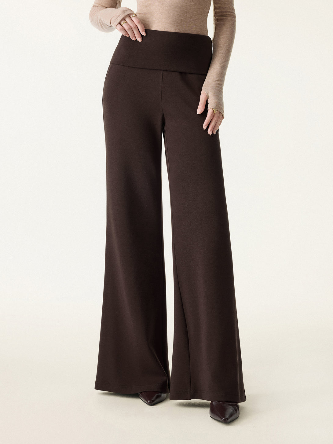 Tummy Warmer Folding Waistband Flared Pants with Pockets Espresso XS