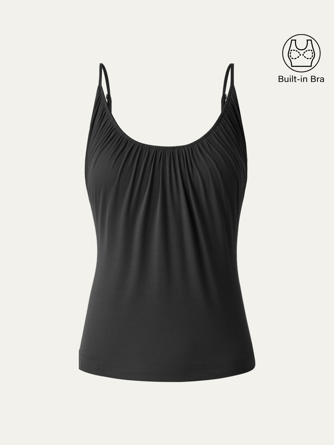 Scoop Neck Gathered Spaghetti Brami Top Hip Length Black
