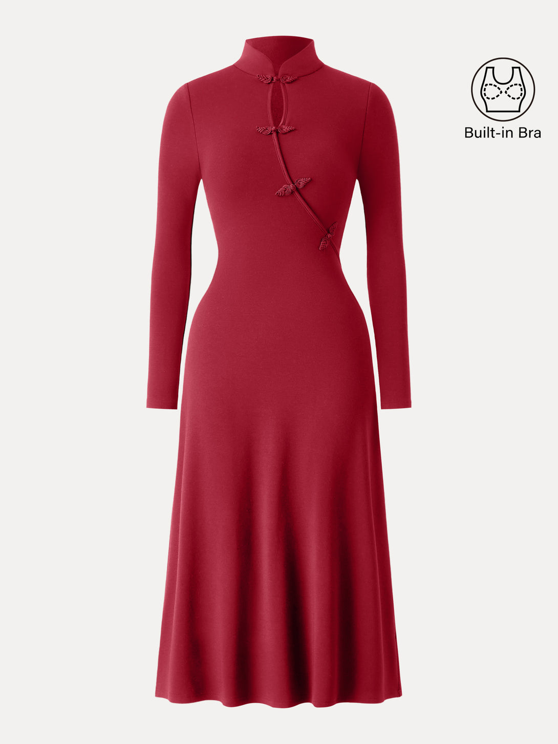 Standout Mandarin Collar Frog Button Midi Brami Dress Luxe Red XS