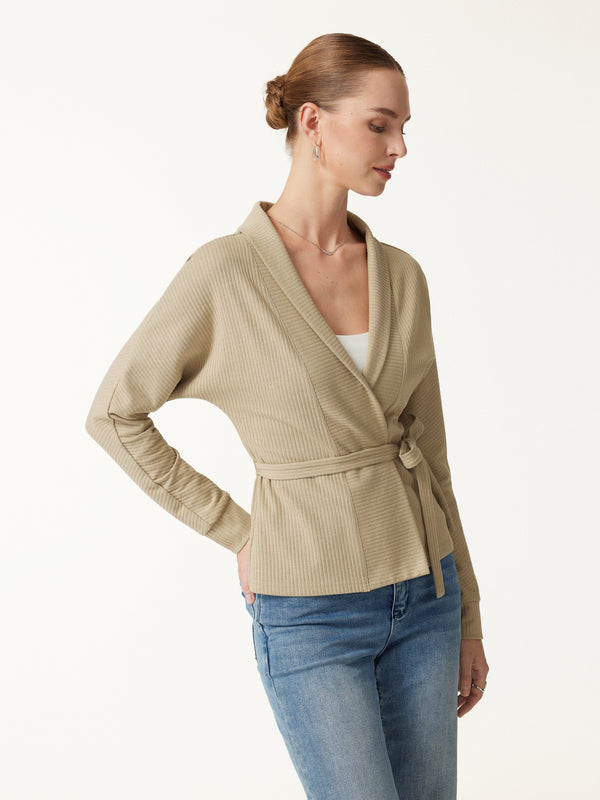 OGLmove Textured Cotton Blend Lapel Belted Open-Front Jacket Paper Bag Beige XXS
