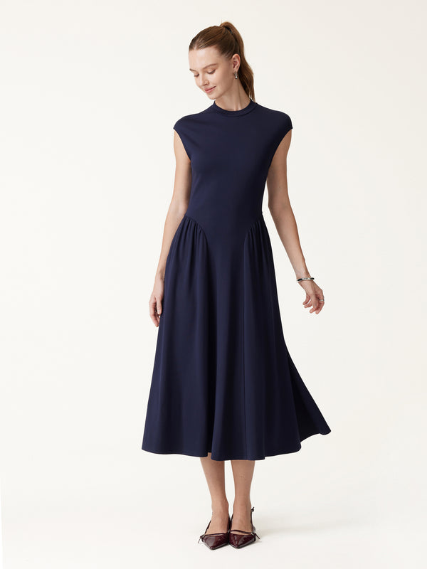 OGLmove Ponte Mock Neck Ruched A-Line Midi Dress with Pockets Smoky Navy XXS