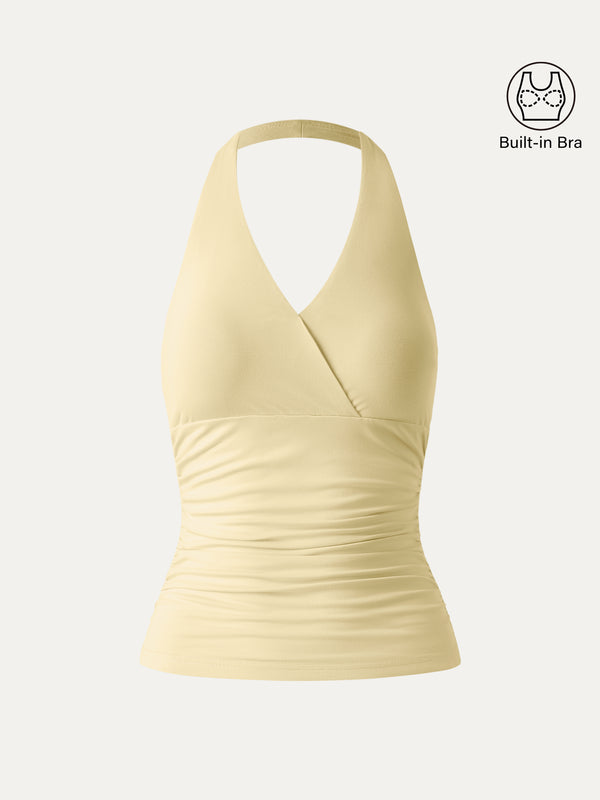 OGLmove Halter Neck Side Gathered New Airy Bra Tank Butter Yellow XS