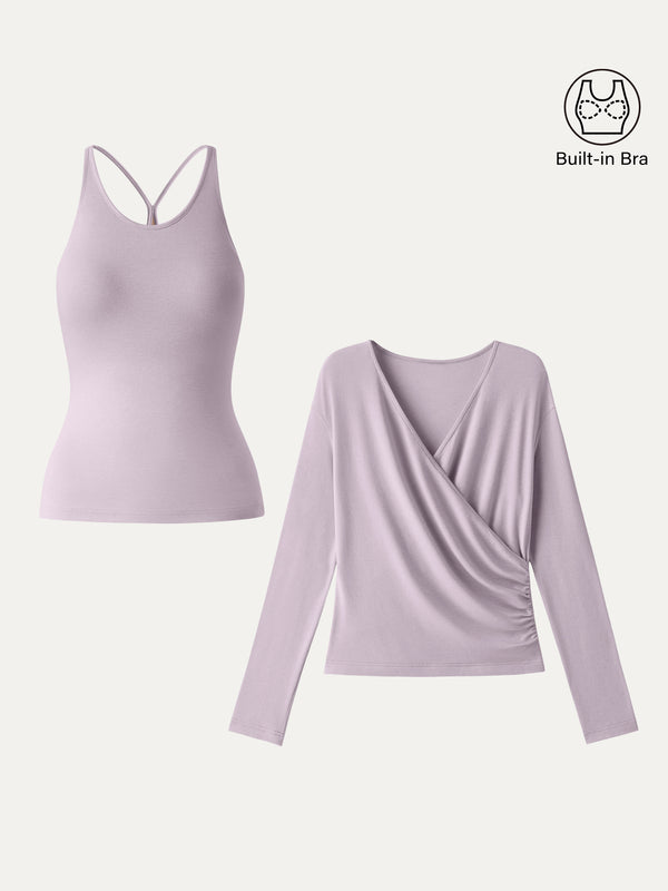 OGLmove Two-Piece Set Cami with Surplice Ruched Top Pink Violet XS