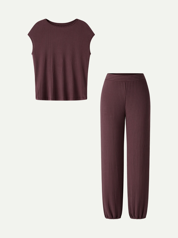 OGLmove 2Pcs Set Wrinkle-Free Cap Sleeve Top & Mid-Rise Cropped Pants