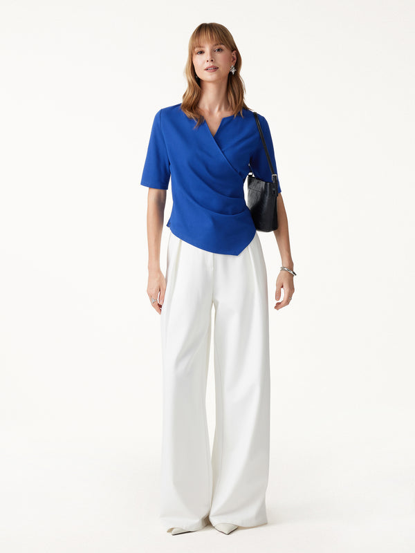 OGLmove Ponte Surplice Elbow Sleeve Asymmetrical Hem Top