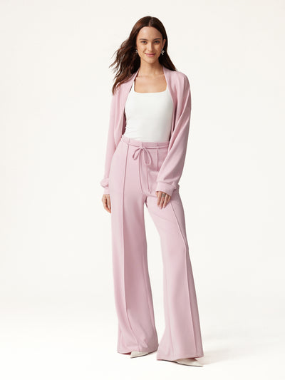 OGLmove 2Pcs Set Long Sleeve Drop-Shoulder Cardigan & High-Rise Flare Pants with Pockets Rose Quartz XXS