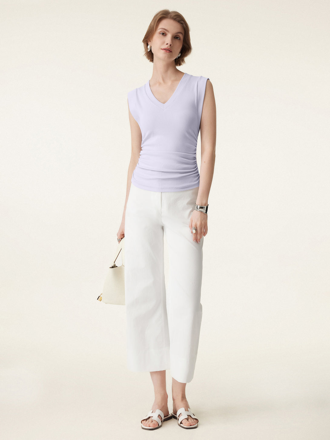 2Pcs Set Stretch Cotton V-neck Side Ruched Muscle Tee