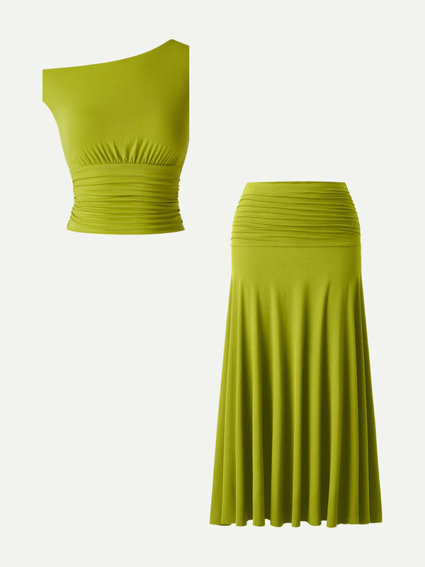 OGLmove 2Pcs Set Cropped Ruched Bra Top& A-line Ruched Maxi Skirt