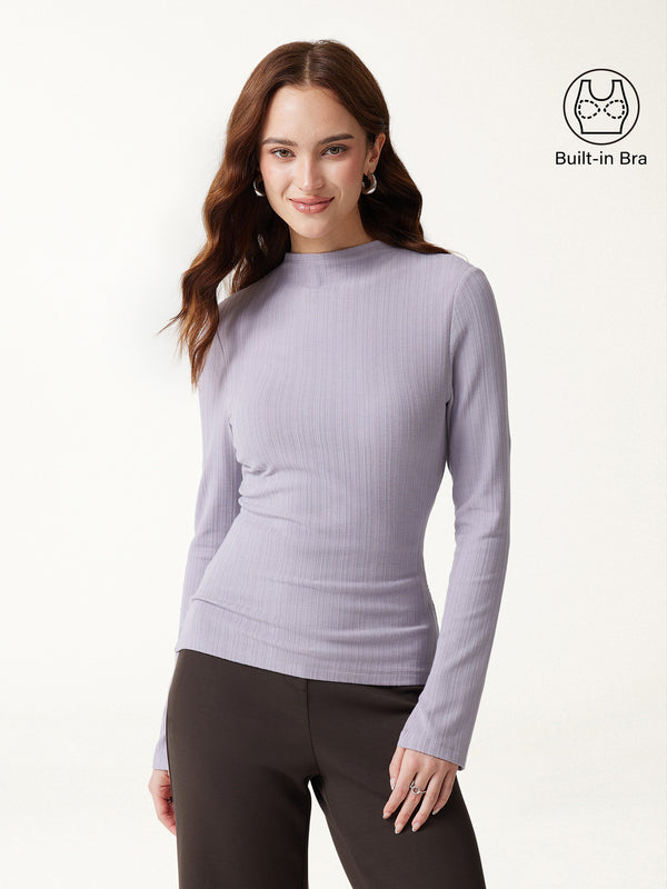 OGLmove Prowarm Mock Neck Long Sleeve Cuff-Slit Built-In Bra Top Purple Fog XXS