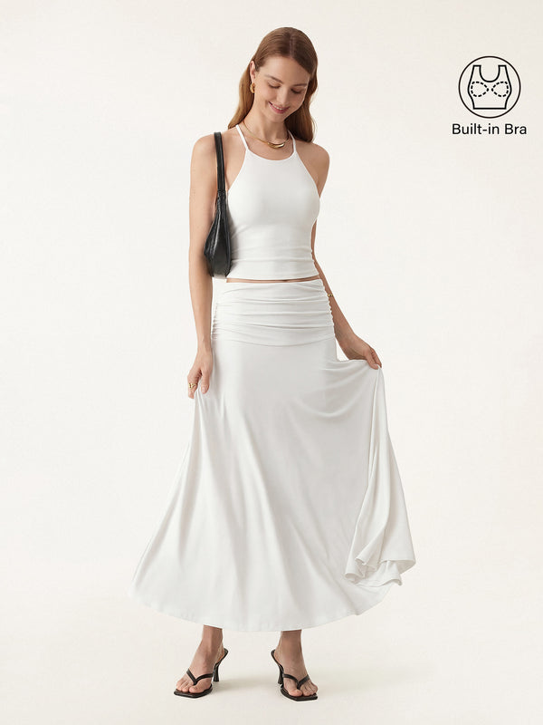 2Pcs Set Tie Back Bandless Bra Tank & Mid Rise A-line Ruched Maxi Skirt White/Pure White XS