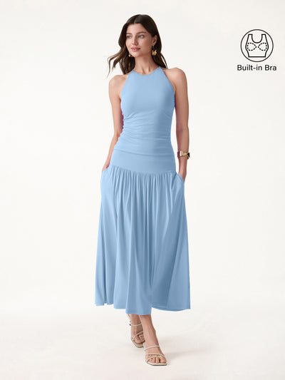 OGLmove 2Pcs Set Round Neck Cross-Back Bra Top & Midi Skirt with Pockets Placid Blue XS