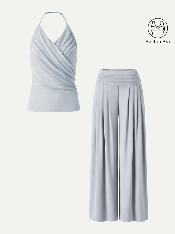 OGLmove 2Pcs Set Halter Neck Surplice Bra Top & Tucked Palazzo Pant with Pockets