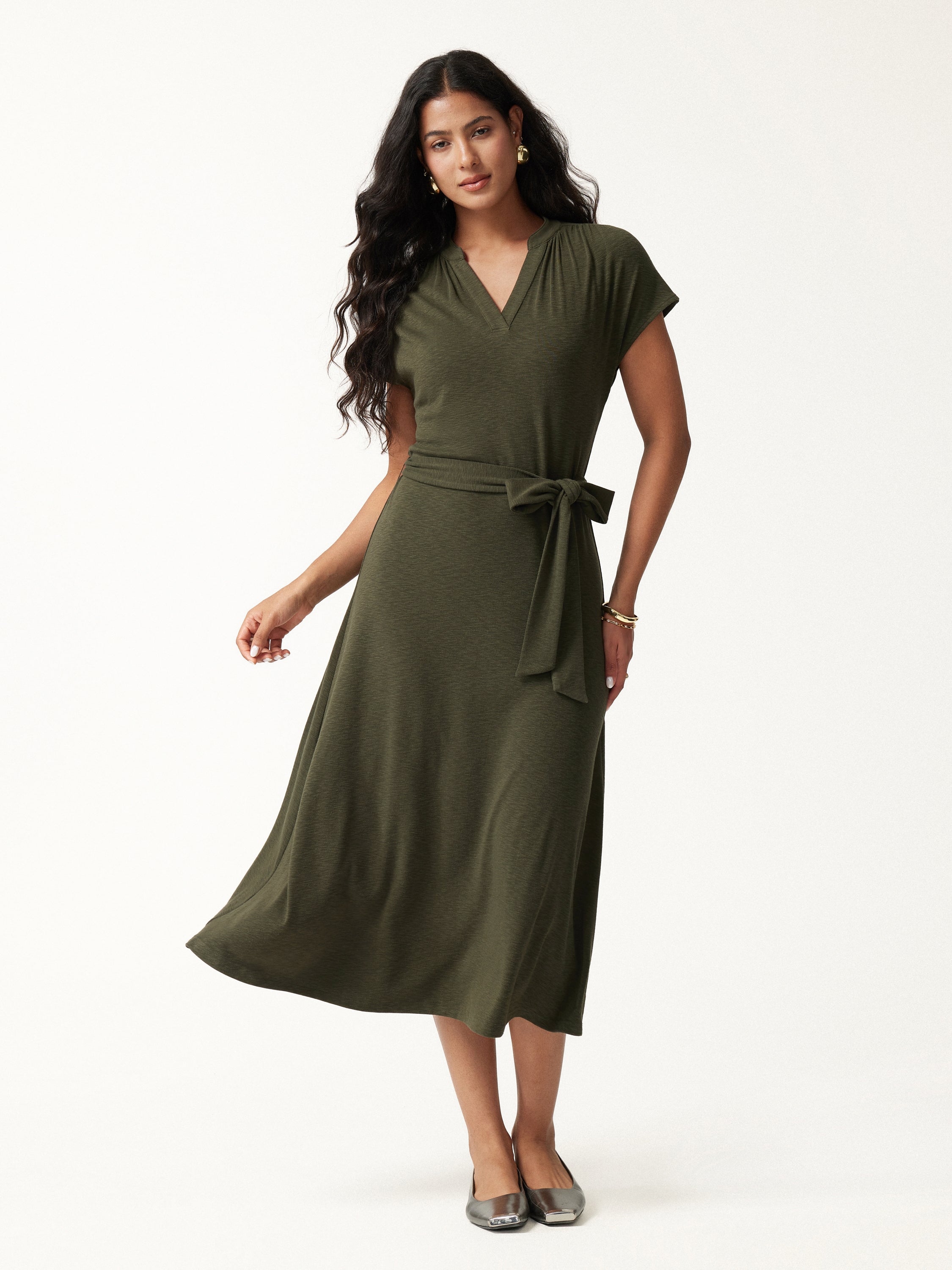 V-Neck Short Sleeve Belted Midi Dress