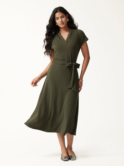 OGLmove V-Neck Short Sleeve Belted Midi Dress Dark Olive Green XXS