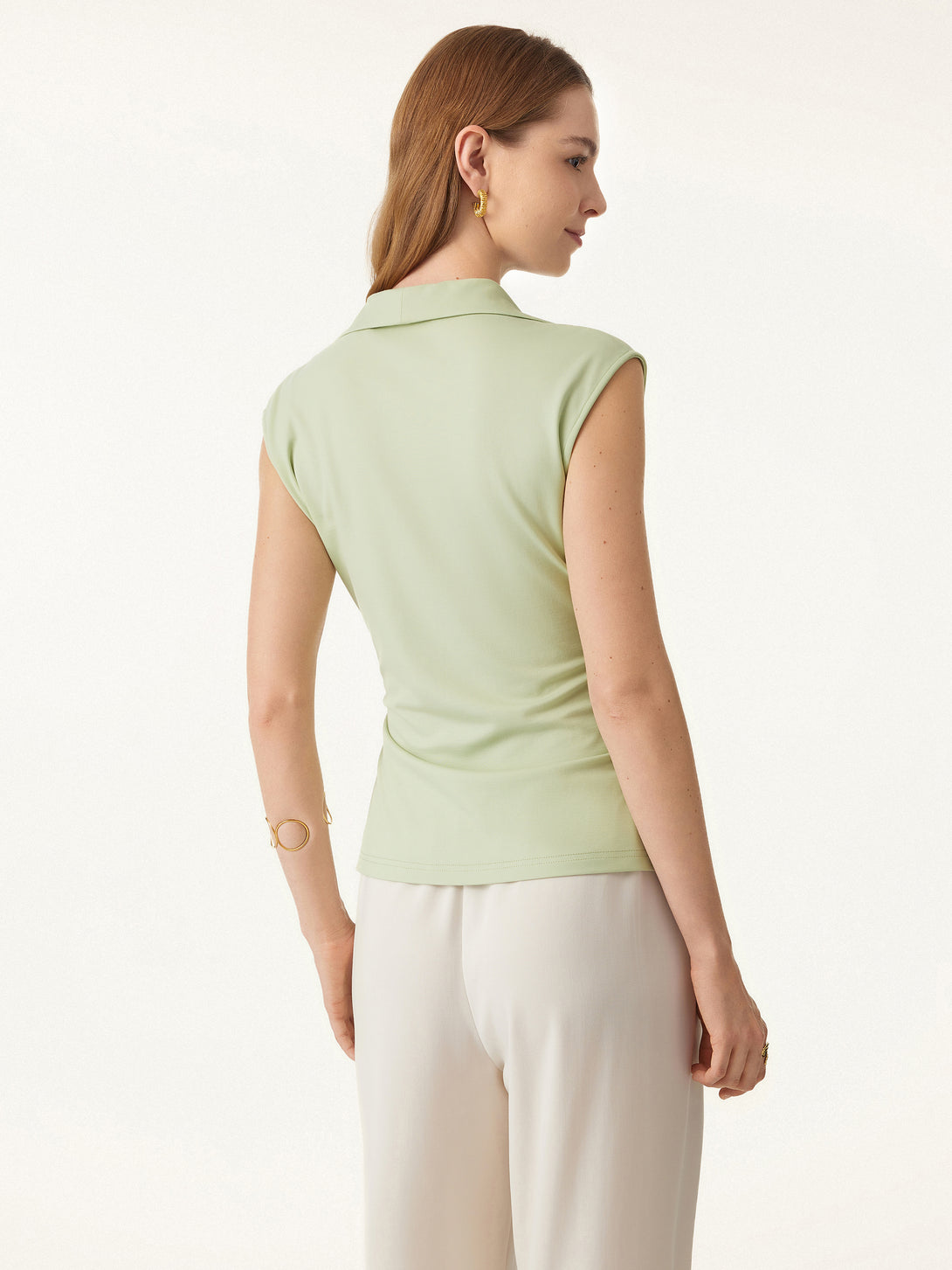 Icy Ponte Flap Collar Surplice Sleeveless Top with Drawstring Tie