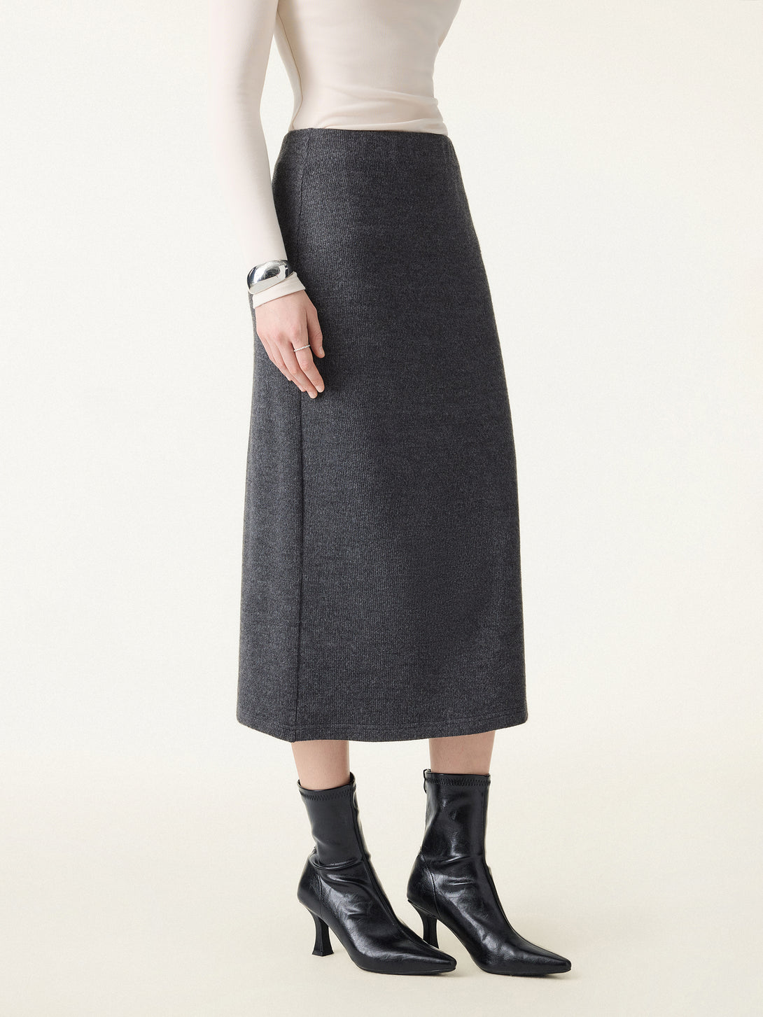 Ribbed H-line Pull-on Midi Skirt Heather Black XS