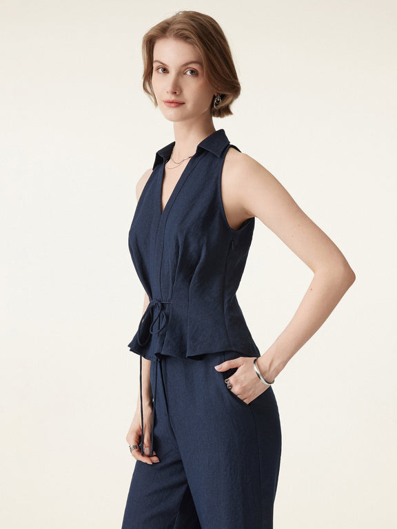 Collared V Neck Pleated Sleeveless Top With Drawstring