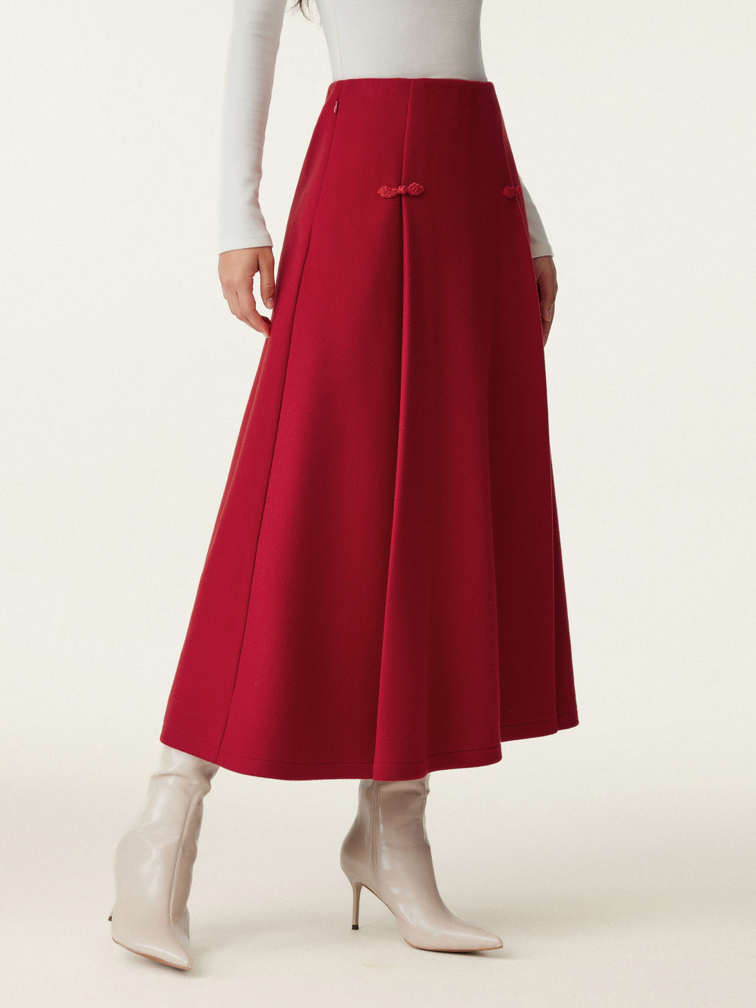 Wool-like Frog Button A-Line Midi Skirt