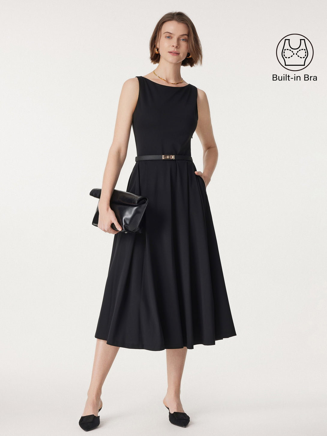 Boatneck Bamboo Ponte Brami Midi Dress with Pockets