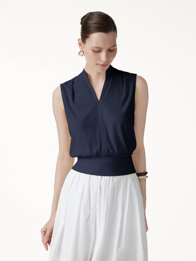 OGLmove Cotton-Viscose V-neck Stand Collar Sleeveless Top Navy XS