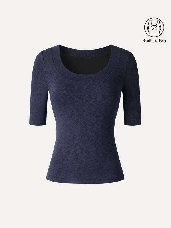 OGLmove LiteWarm Slub U-Neck Elbow Sleeve Built-In Bra Top 2.0 Smoky Navy XXS